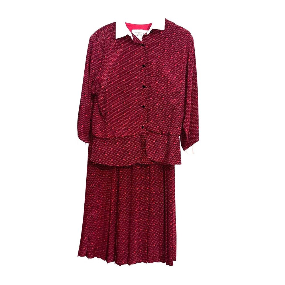 Vintage Liz Roberts Red & Black Pleated Two-Piece Dress With White Collar Button